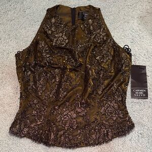 Carmen Marc Valvo Women's Gold and Olive Green Beaded Lace Tank - Size 4 - NEW